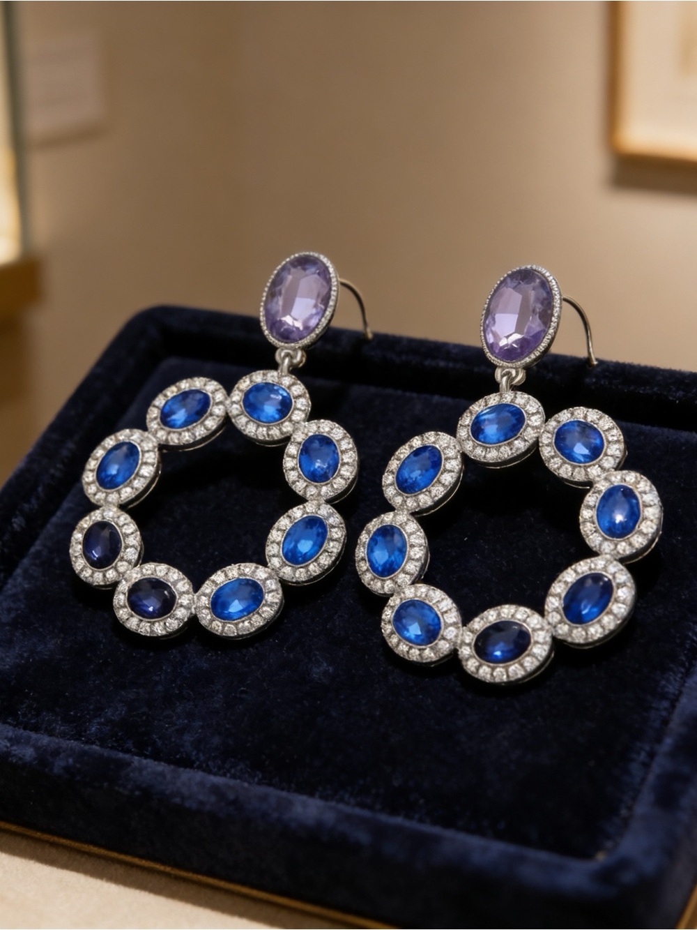 Sapphire & Diamond Wreath Drop Earrings - White Gold